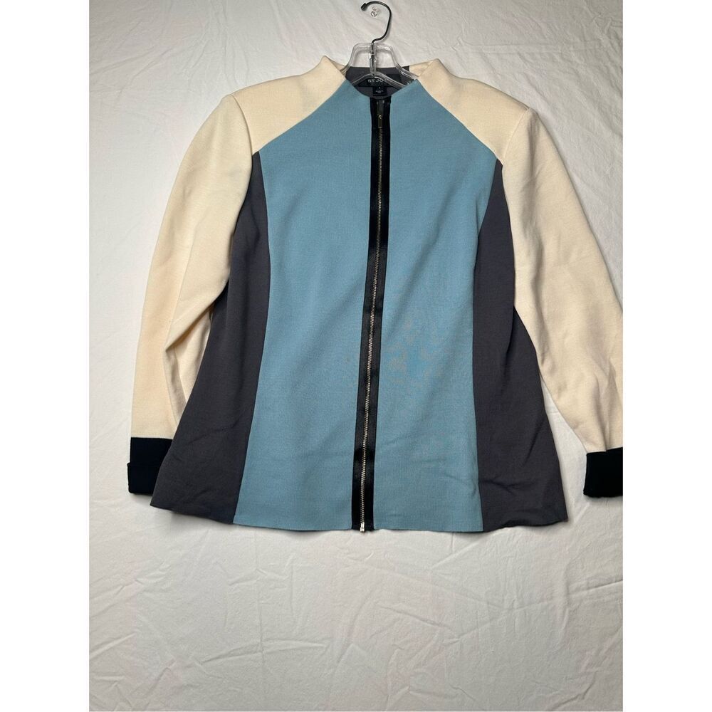 St. John Colorblock Zip-Front Blazer in Cream, Blue, and Gray